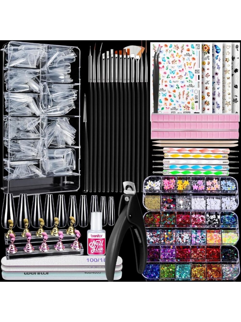 Press On Nail Kit - Clear Coffin Tips, Nail Art Brushes, Glitter, Stickers